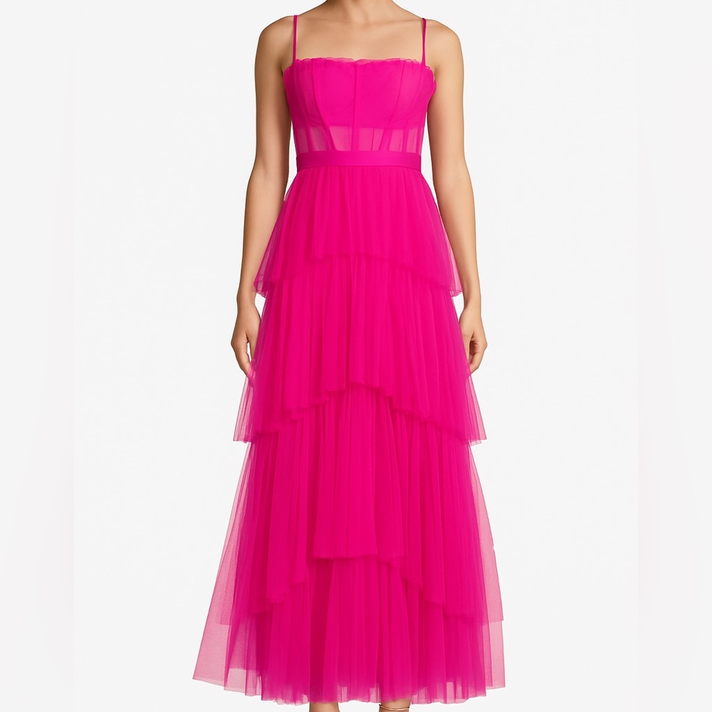 π π NEXT/UP Neon Pink Mesh Tiered Gown Corset Bodice Party 2 Sizes 9/10 & 11/12 - Picture 1 of 17